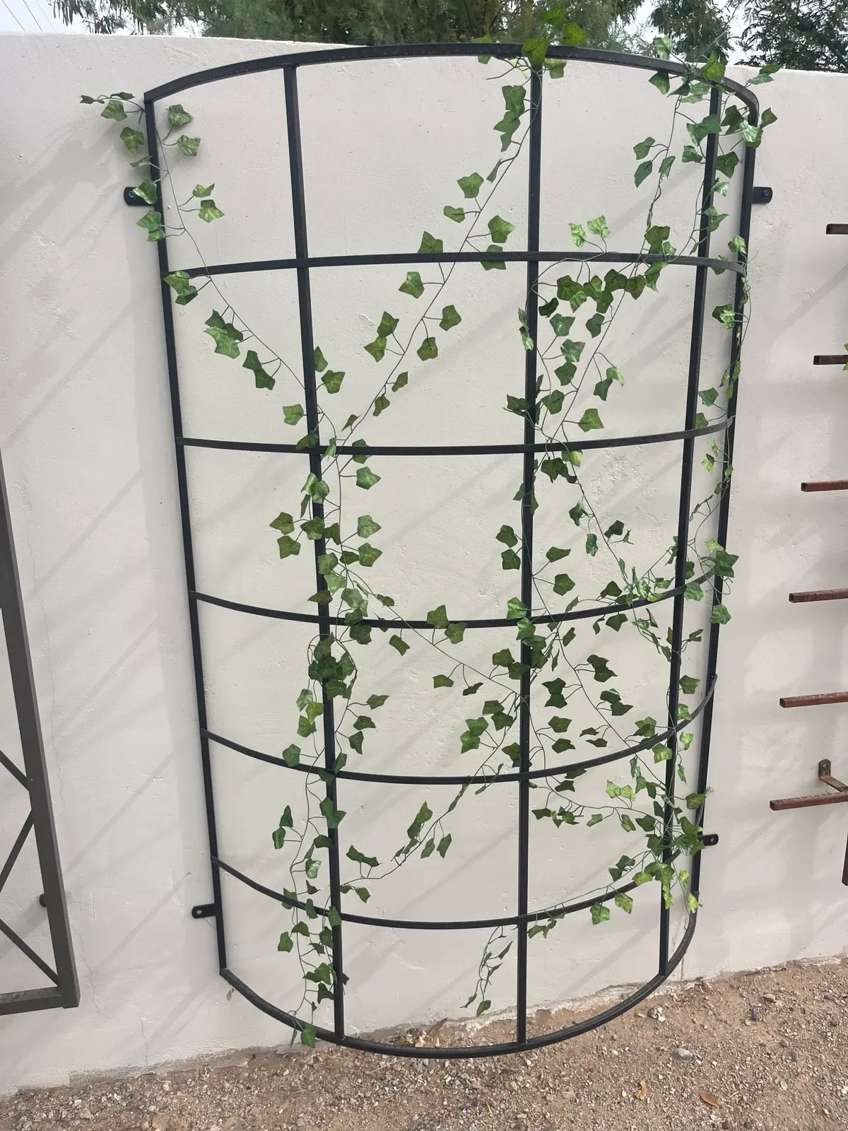 Curved black steel wall trellis with ivy on white stucco by A1 Trellis